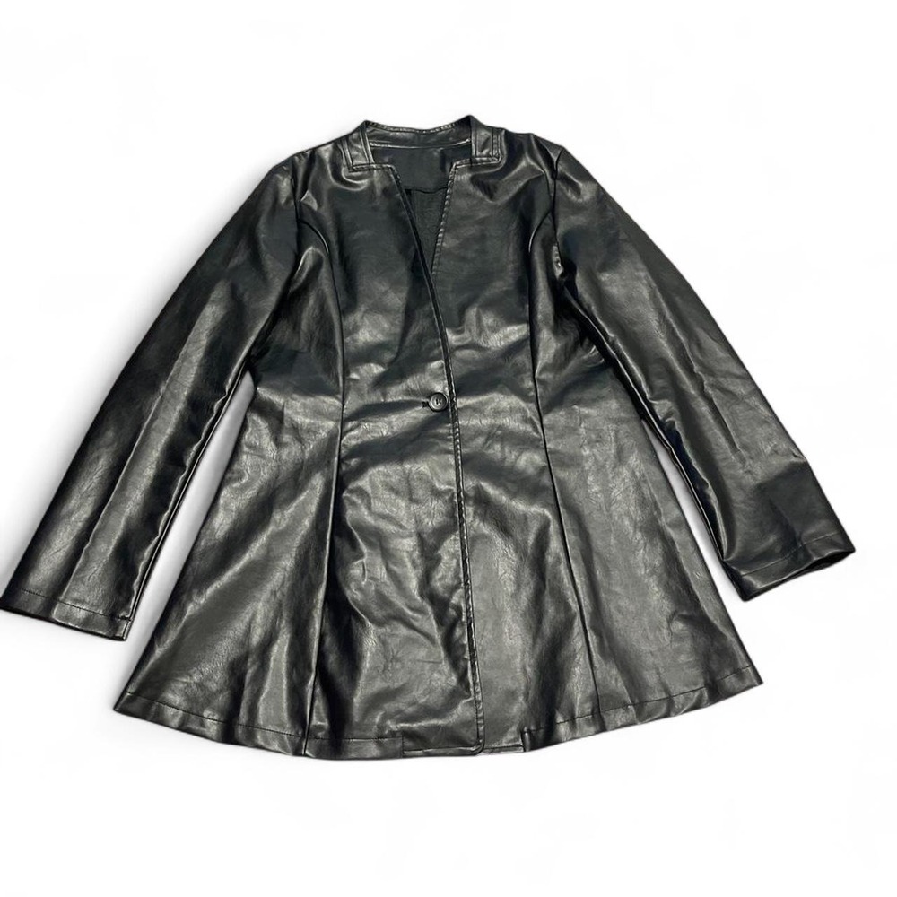 Shein Black Faux Leather Collarless Blazer Jacket Single Button A-LineCoat Large